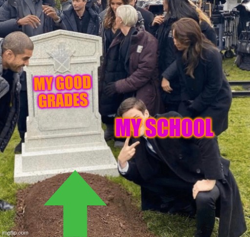 Grant Gustin over grave | MY GOOD GRADES; MY SCHOOL | image tagged in grant gustin over grave | made w/ Imgflip meme maker