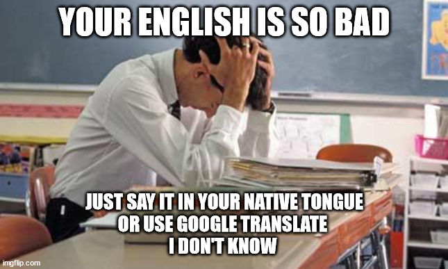 stressed teacher | YOUR ENGLISH IS SO BAD JUST SAY IT IN YOUR NATIVE TONGUE
OR USE GOOGLE TRANSLATE 
I DON'T KNOW | image tagged in stressed teacher | made w/ Imgflip meme maker