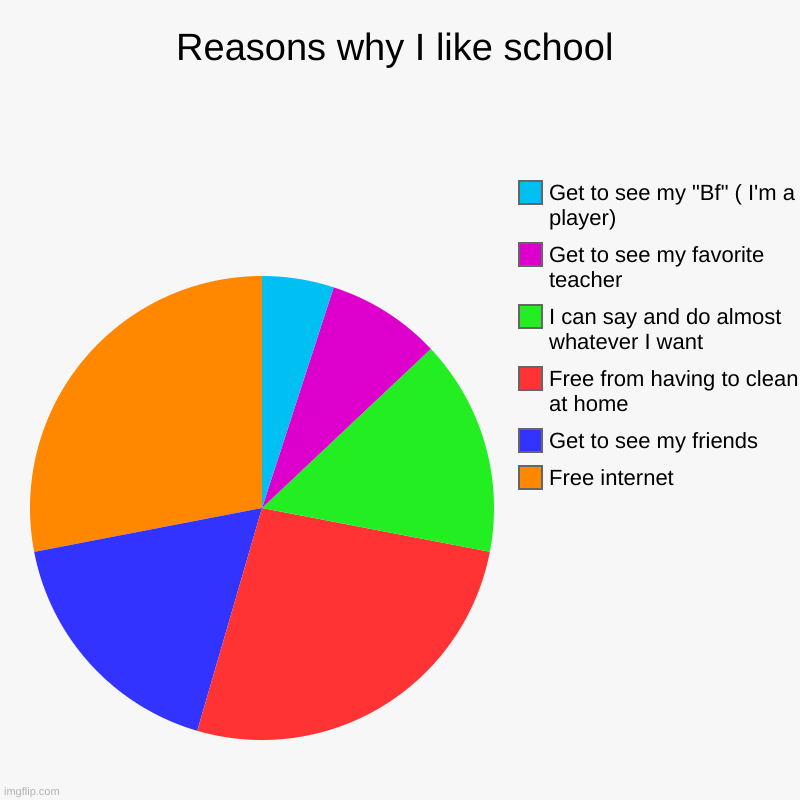 Reasons why I like school | Free internet, Get to see my friends, Free from having to clean at home, I can say and do almost whatever I want | image tagged in charts,pie charts | made w/ Imgflip chart maker