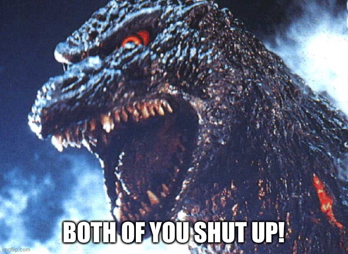 Angry Godzilla | BOTH OF YOU SHUT UP! | image tagged in angry godzilla | made w/ Imgflip meme maker