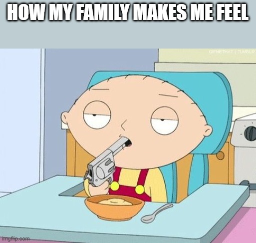 Stewie gun in mouth | HOW MY FAMILY MAKES ME FEEL | image tagged in stewie gun in mouth | made w/ Imgflip meme maker