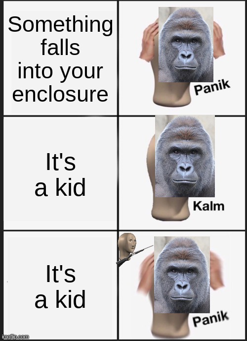 Panik Kalm Panik | Something falls into your enclosure; It's a kid; It's a kid | image tagged in memes,panik kalm panik | made w/ Imgflip meme maker