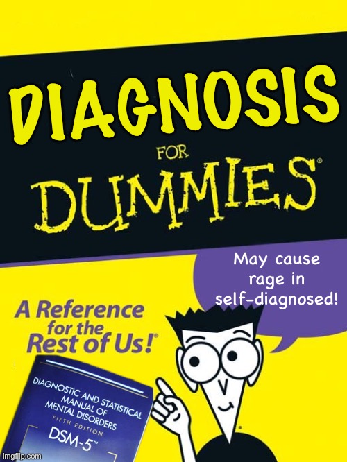 Self-diagnosis of mental illness for dummies | DIAGNOSIS; May cause
rage in self-diagnosed! | image tagged in for dummies book,mental illness,mental disorder,tiktok,dsm5,diagnostic criteria | made w/ Imgflip meme maker