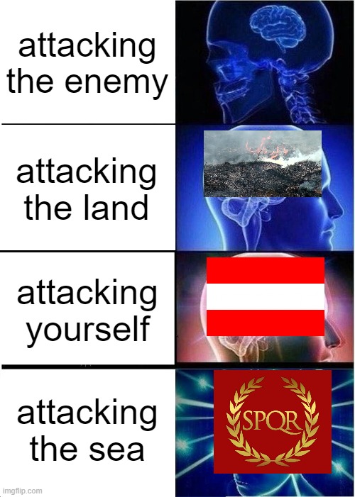 Expanding Brain Meme | attacking the enemy; attacking the land; attacking yourself; attacking the sea | image tagged in memes,expanding brain | made w/ Imgflip meme maker