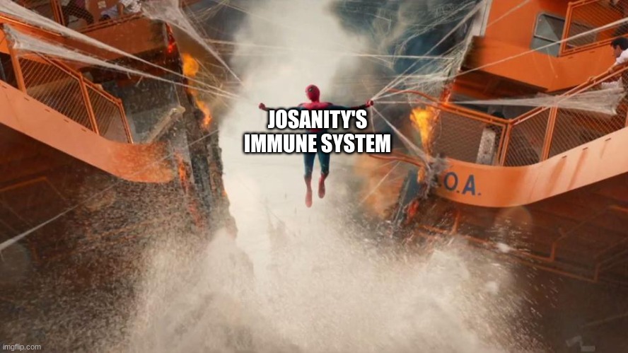spiderman | JOSANITY'S IMMUNE SYSTEM | image tagged in spiderman | made w/ Imgflip meme maker