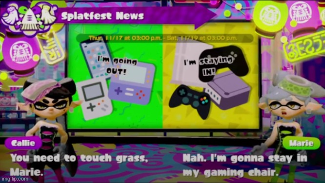 Yes | image tagged in splatoon,memes,gaming,touch grass | made w/ Imgflip meme maker