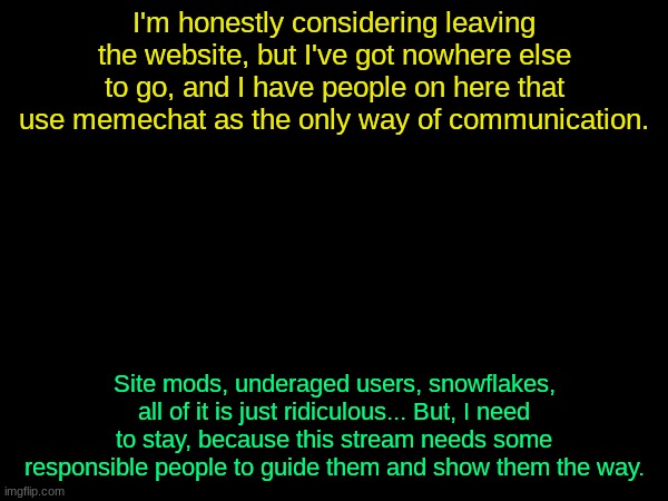 (Banned mod note: discord?) | I'm honestly considering leaving the website, but I've got nowhere else to go, and I have people on here that use memechat as the only way of communication. Site mods, underaged users, snowflakes, all of it is just ridiculous... But, I need to stay, because this stream needs some responsible people to guide them and show them the way. | image tagged in drizzy text temp | made w/ Imgflip meme maker