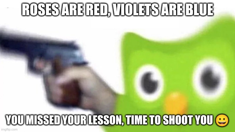 I'm in danger :D | ROSES ARE RED, VIOLETS ARE BLUE; YOU MISSED YOUR LESSON, TIME TO SHOOT YOU 😀 | image tagged in duolingo gun | made w/ Imgflip meme maker