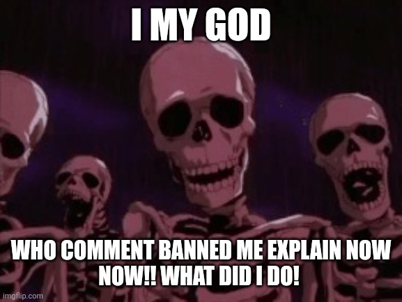 Berserk Roast Skeletons | I MY GOD; WHO COMMENT BANNED ME EXPLAIN NOW
NOW!! WHAT DID I DO! | image tagged in berserk roast skeletons | made w/ Imgflip meme maker