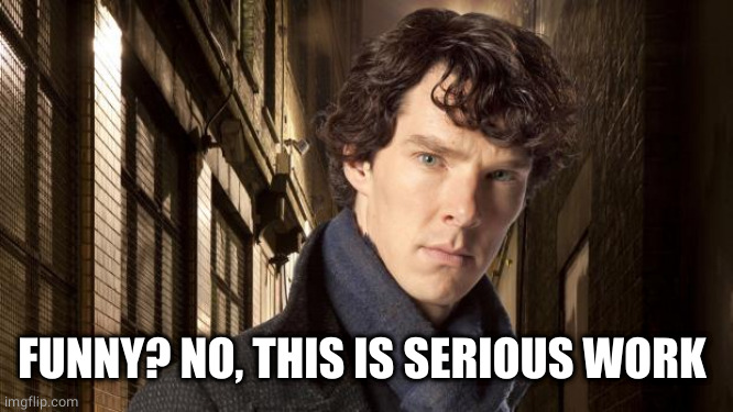 Sherlock holmes | FUNNY? NO, THIS IS SERIOUS WORK | image tagged in sherlock holmes | made w/ Imgflip meme maker