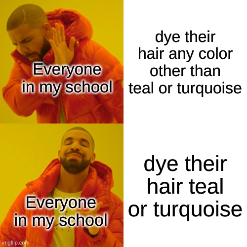 Drake Hotline Bling | dye their hair any color other than teal or turquoise; Everyone in my school; dye their hair teal or turquoise; Everyone in my school | image tagged in memes,drake hotline bling | made w/ Imgflip meme maker