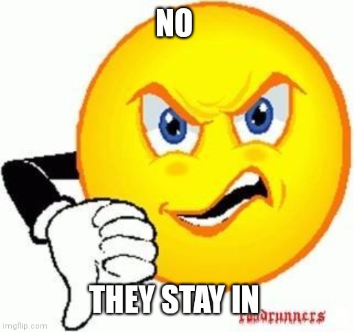 down thumb emoji | NO THEY STAY IN | image tagged in down thumb emoji | made w/ Imgflip meme maker