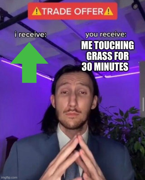 Please help me | ME TOUCHING GRASS FOR 30 MINUTES | image tagged in i receive you receive | made w/ Imgflip meme maker