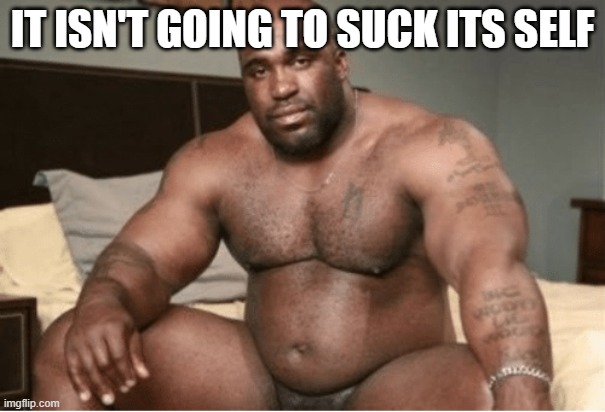 Big black guy big dick | IT ISN'T GOING TO SUCK ITS SELF | image tagged in big black guy big dick | made w/ Imgflip meme maker