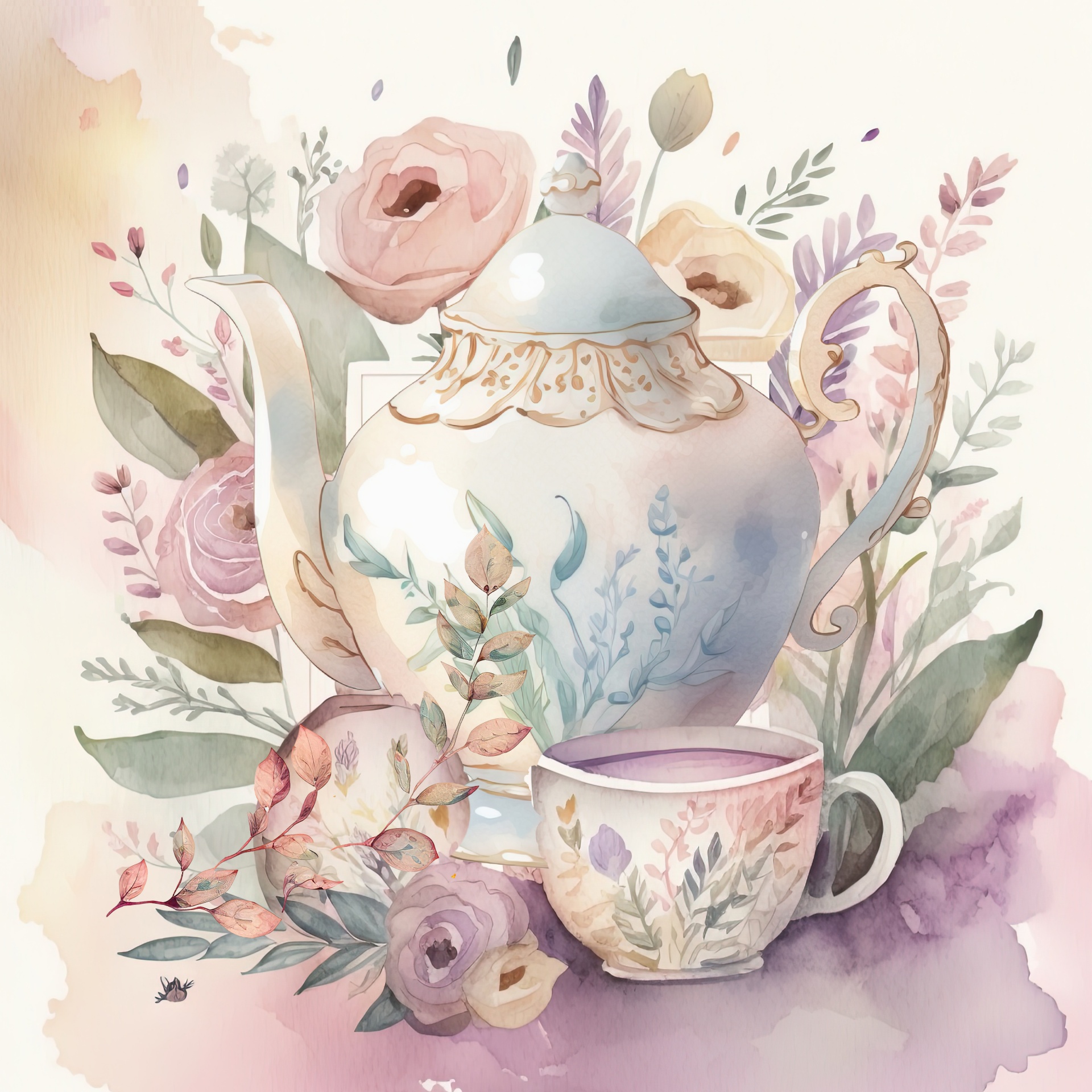 High Quality Watercolor Tea Set Artwork Blank Meme Template