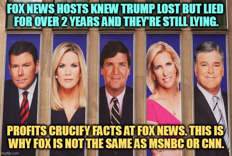 MSNBC and CNN will report unpleasant facts even if their viewers get angry. Fox News won't. Fox is a bunch of p*ssies. | FOX NEWS HOSTS KNEW TRUMP LOST BUT LIED 
FOR OVER 2 YEARS AND THEY'RE STILL LYING. PROFITS CRUCIFY FACTS AT FOX NEWS. THIS IS 
WHY FOX IS NOT THE SAME AS MSNBC OR CNN. | image tagged in fox news confessed worthless trump liars,fox news,liars,msnbc,cnn,professional | made w/ Imgflip meme maker