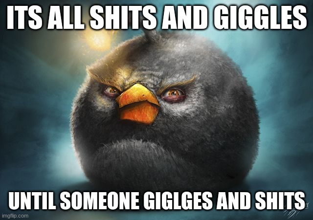 giggles and shits | ITS ALL SHITS AND GIGGLES; UNTIL SOMEONE GIGLGES AND SHITS | image tagged in angry birds bomb | made w/ Imgflip meme maker