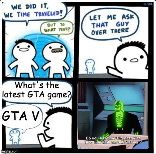 8 years... | What's the latest GTA game? GTA V | image tagged in time travel | made w/ Imgflip meme maker