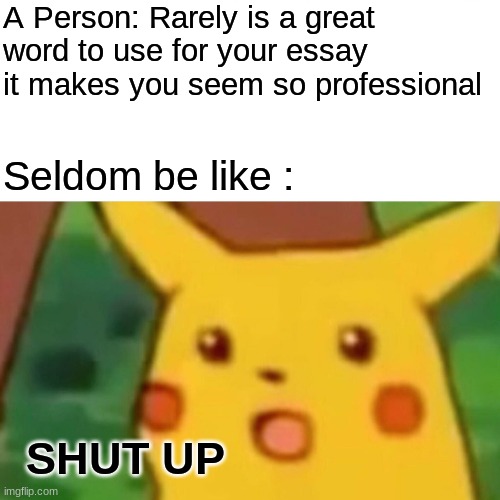 Surprised Pikachu Meme | A Person: Rarely is a great word to use for your essay it makes you seem so professional; Seldom be like :; SHUT UP | image tagged in memes,surprised pikachu | made w/ Imgflip meme maker
