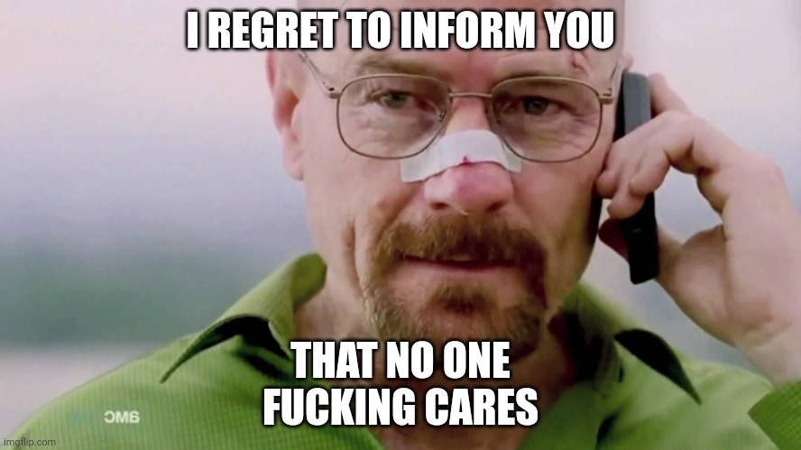 Breaking bad I won | I REGRET TO INFORM YOU THAT NO ONE FUCKING CARES | image tagged in breaking bad i won | made w/ Imgflip meme maker