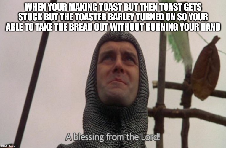 YES!!! |  WHEN YOUR MAKING TOAST BUT THEN TOAST GETS STUCK BUT THE TOASTER BARLEY TURNED ON SO YOUR ABLE TO TAKE THE BREAD OUT WITHOUT BURNING YOUR HAND | image tagged in a blessing from the lord | made w/ Imgflip meme maker
