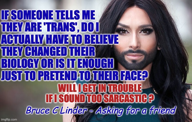 Playing Pretend | IF SOMEONE TELLS ME
THEY ARE 'TRANS', DO I
ACTUALLY HAVE TO BELIEVE
THEY CHANGED THEIR
BIOLOGY OR IS IT ENOUGH
JUST TO PRETEND TO THEIR FACE? WILL I GET IN TROUBLE IF I SOUND TOO SARCASTIC ? Bruce C Linder - Asking for a friend | image tagged in transgender,biology,truth,dress up,make believe,sarcasm | made w/ Imgflip meme maker