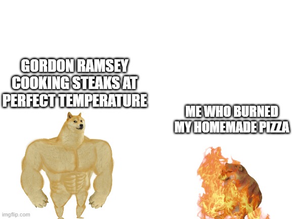 Cooking Dispute 2 | GORDON RAMSEY COOKING STEAKS AT PERFECT TEMPERATURE; ME WHO BURNED MY HOMEMADE PIZZA | image tagged in blank white template,buff doge vs cheems,cooking,gordon ramsey | made w/ Imgflip meme maker