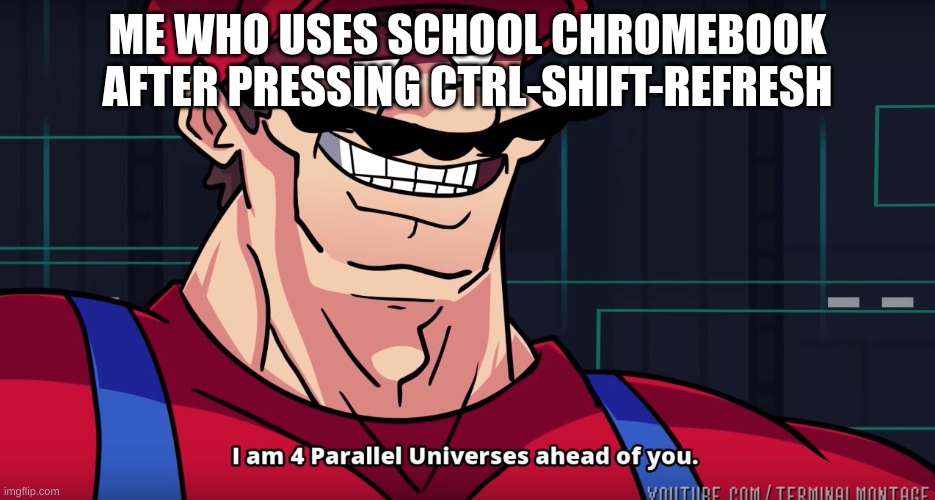 ME WHO USES SCHOOL CHROMEBOOK AFTER PRESSING CTRL-SHIFT-REFRESH | image tagged in mario i am four parallel universes ahead of you | made w/ Imgflip meme maker