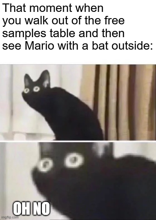 Wait Mario, What are you doing? Mario?!? MARIO?!? | That moment when you walk out of the free samples table and then see Mario with a bat outside:; OH NO | image tagged in oh no black cat,wait,mario,what are you doing,ahhhhdffgbhffbvn | made w/ Imgflip meme maker