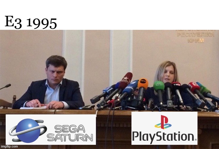 E3 '95 be like | E3 1995 | image tagged in man and woman microphone,sega saturn,ps1,sega,playstation,1990's | made w/ Imgflip meme maker