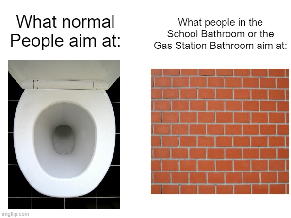 This is super accurate. | What normal People aim at:; What people in the School Bathroom or the Gas Station Bathroom aim at: | image tagged in so true memes,memes,funny,aim,toilet,wall | made w/ Imgflip meme maker