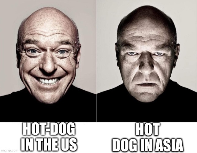 Meme | HOT-DOG IN THE US; HOT DOG IN ASIA | image tagged in breaking bad smile frown | made w/ Imgflip meme maker