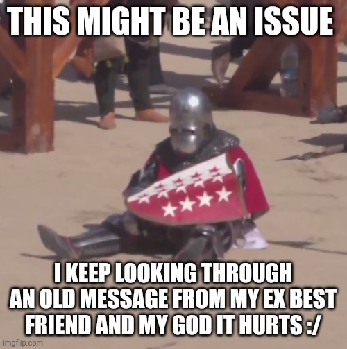Any advice? | THIS MIGHT BE AN ISSUE; I KEEP LOOKING THROUGH AN OLD MESSAGE FROM MY EX BEST FRIEND AND MY GOD IT HURTS :/ | image tagged in sad crusader noises | made w/ Imgflip meme maker