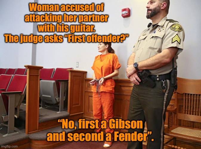 Woman in court | Woman accused of attacking her partner with his guitar.
The judge asks “First offender?”; “No, first a Gibson and second a Fender”. | image tagged in woman in court,hit partner with guitar,first offender,dark humour | made w/ Imgflip meme maker