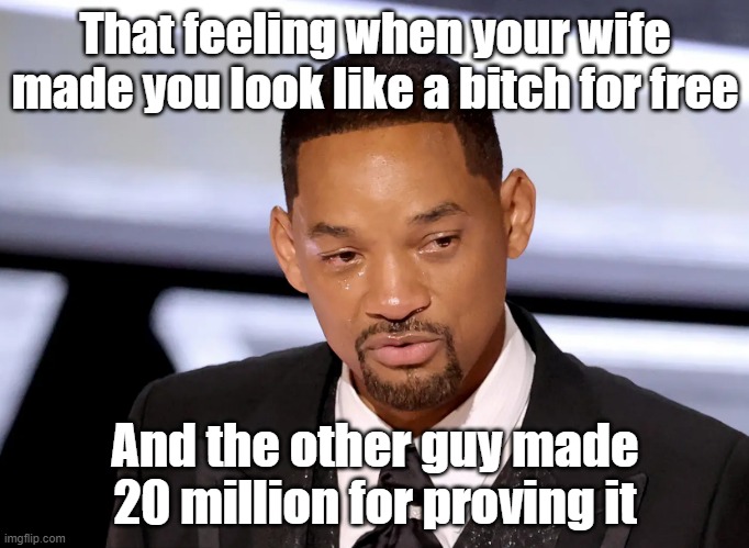 Will Smith B*tch | That feeling when your wife made you look like a bitch for free; And the other guy made 20 million for proving it | image tagged in will smith crying | made w/ Imgflip meme maker