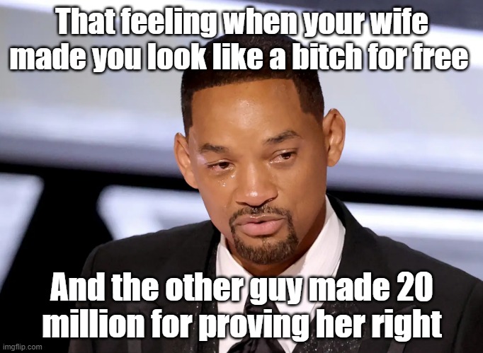 Will Smith B*tch 1 | That feeling when your wife made you look like a bitch for free; And the other guy made 20 million for proving her right | image tagged in will smith crying | made w/ Imgflip meme maker