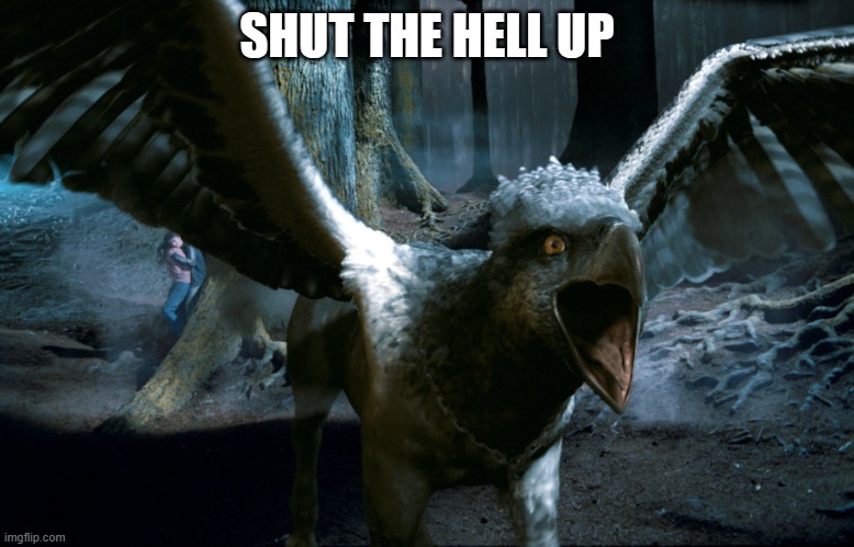 Used in comment | SHUT THE HELL UP | image tagged in buckbeak charging | made w/ Imgflip meme maker