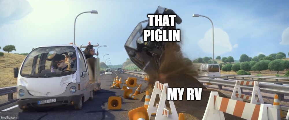 Used in comment | THAT PIGLIN; MY RV | image tagged in ferdinand car flip | made w/ Imgflip meme maker