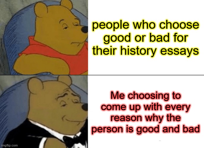 Tuxedo Winnie The Pooh | people who choose good or bad for their history essays; Me choosing to come up with every reason why the person is good and bad | image tagged in memes,tuxedo winnie the pooh | made w/ Imgflip meme maker