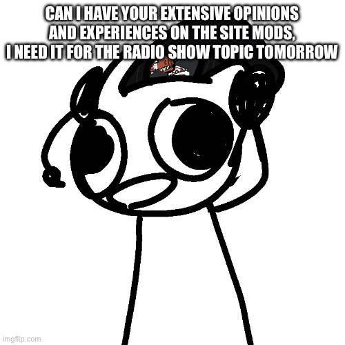 it’s gonna be great trust me | CAN I HAVE YOUR EXTENSIVE OPINIONS AND EXPERIENCES ON THE SITE MODS, I NEED IT FOR THE RADIO SHOW TOPIC TOMORROW | image tagged in randumb radio show | made w/ Imgflip meme maker
