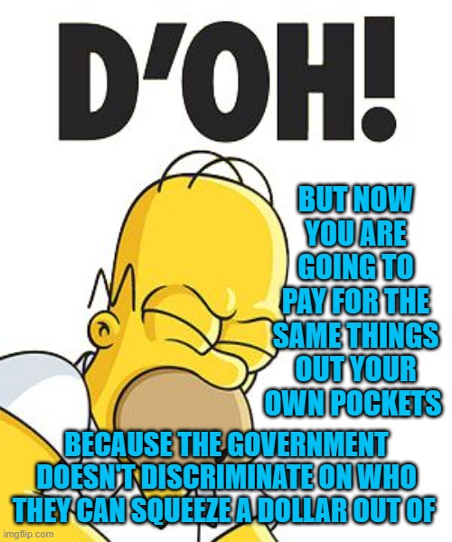 Homer D'OH! | BUT NOW YOU ARE GOING TO PAY FOR THE SAME THINGS OUT YOUR OWN POCKETS BECAUSE THE GOVERNMENT DOESN'T DISCRIMINATE ON WHO THEY CAN SQUEEZE A  | image tagged in homer d'oh | made w/ Imgflip meme maker