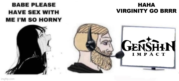 Babe Please Gamer | HAHA VIRGINITY GO BRRR | image tagged in babe please gamer | made w/ Imgflip meme maker