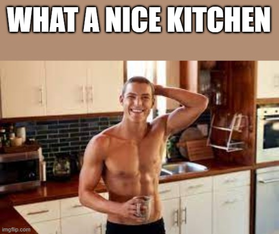 What A Nice Kitchen | WHAT A NICE KITCHEN | image tagged in nice,kitchen,shirtless,hunk,funny,memes | made w/ Imgflip meme maker