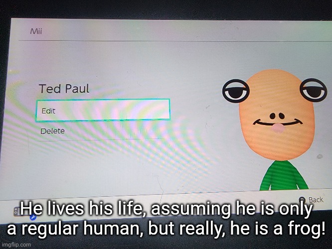 A new mii | He lives his life, assuming he is only a regular human, but really, he is a frog! | image tagged in mii,frog | made w/ Imgflip meme maker