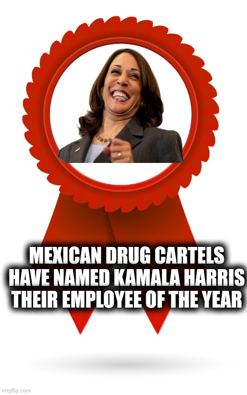 She makes Buttigieg look effective | MEXICAN DRUG CARTELS HAVE NAMED KAMALA HARRIS THEIR EMPLOYEE OF THE YEAR | image tagged in award ribbon,employee of the month,too damn high,thank you everyone | made w/ Imgflip meme maker