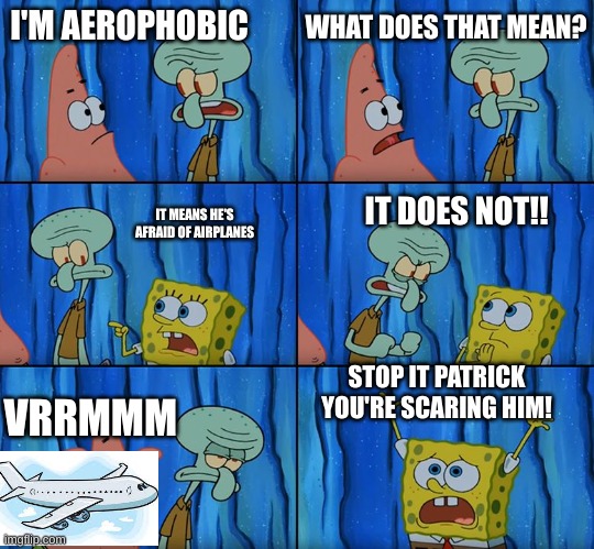 9/11 spongebob | WHAT DOES THAT MEAN? I'M AEROPHOBIC; IT DOES NOT!! IT MEANS HE'S AFRAID OF AIRPLANES; STOP IT PATRICK YOU'RE SCARING HIM! VRRMMM | image tagged in stop it patrick youre scaring him,airplane | made w/ Imgflip meme maker