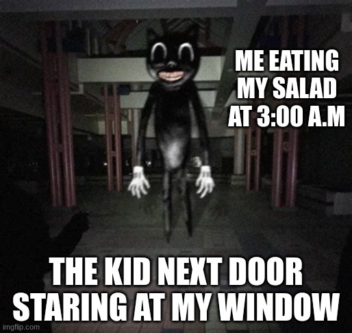 NEIGHBORHOOD KIDS BE LIKE | ME EATING MY SALAD AT 3:00 A.M; THE KID NEXT DOOR STARING AT MY WINDOW | image tagged in cartoon cat | made w/ Imgflip meme maker