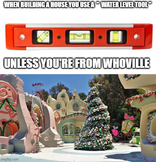 WHEN BUILDING A HOUSE YOU USE A  "  WATER LEVEL TOOL "; UNLESS YOU'RE FROM WHOVILLE | image tagged in level | made w/ Imgflip meme maker