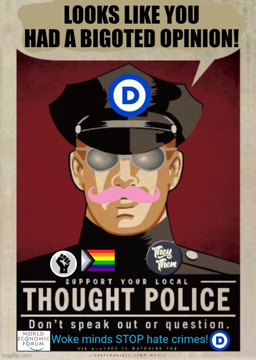 Democrat party 1984: the hate thought police | LOOKS LIKE YOU HAD A BIGOTED OPINION! Woke minds STOP hate crimes! | image tagged in thought police,1984,democrats,cancel culture,political correctness,liberal logic | made w/ Imgflip meme maker