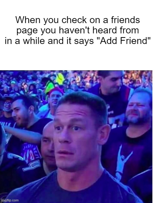 That sucks | When you check on a friends page you haven't heard from in a while and it says "Add Friend" | image tagged in white,shocked john cena | made w/ Imgflip meme maker
